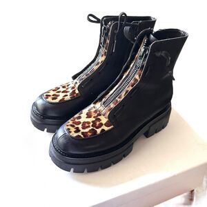 ASH Lynne Leopard Print Black Leather Combat‎ Boots w Box 38